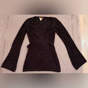 Tulle Brown gold Metallic Knit long sleeve Wrap Sweater top  Medium M Tie Waist